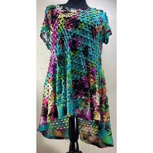 Adore XL Tunic Dress Floral Colorful Abstract‎ Laser Cut High Low Hem Funky